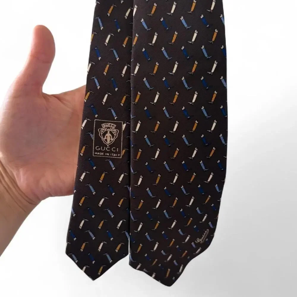 Vintage 80s Gucci 100% Silk Tie Brown Boot Print Italy Rare Old Money Office